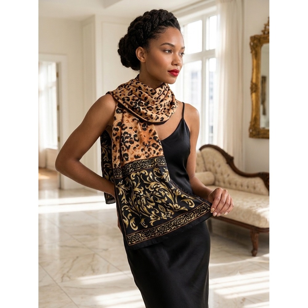 Leopard Print Baroque‎ Gold Scroll Silk Feel Long Scarf Black Tan Animal Print